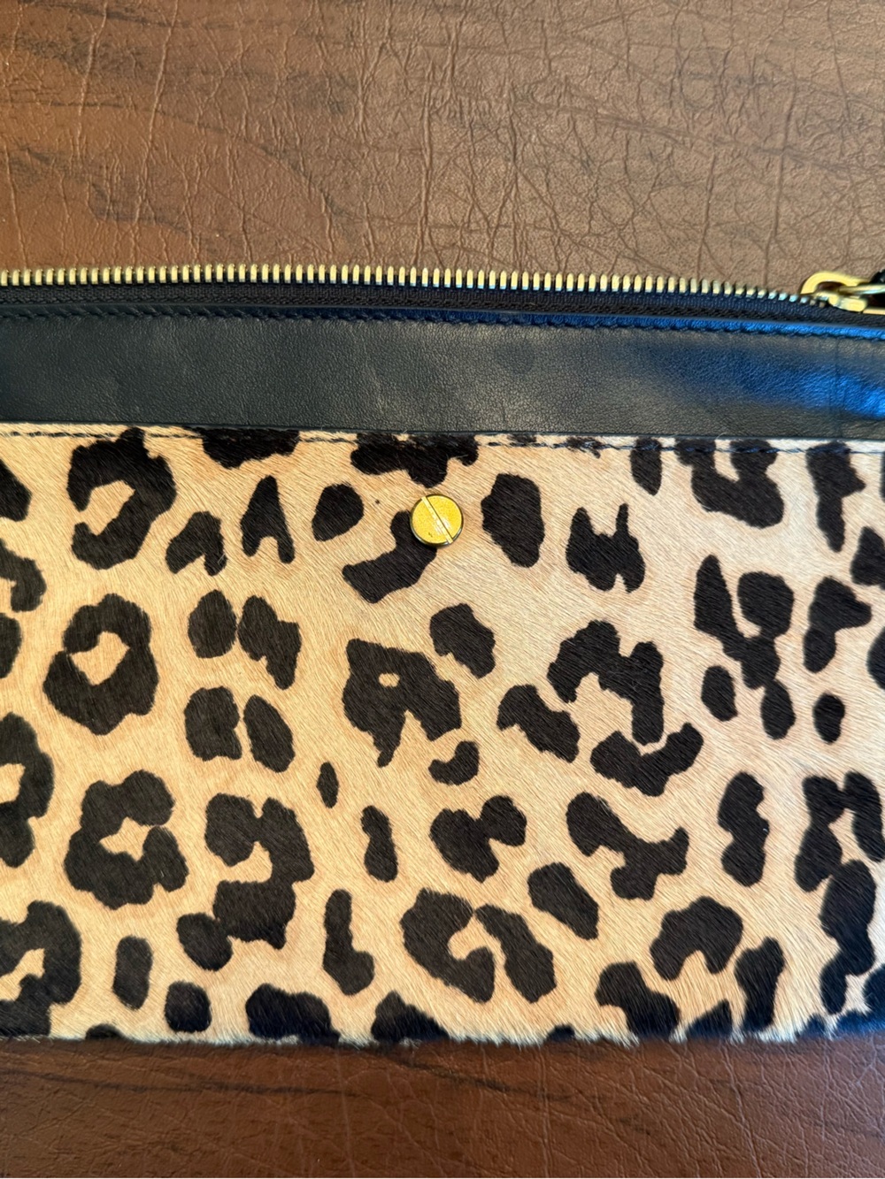 J. Crew Leopard Print Clutch with Black Trim and Gold Accent